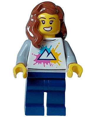 Cozy House Resident - Female, White Shirt with Mountains Logo, Dark Blue Legs, Reddish Brown Hair