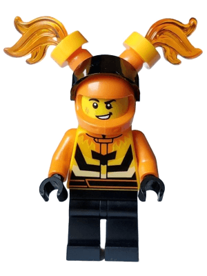 Stuntz Driver - Male, Bright Light Orange and Black Jacket, Black Legs, Orange Helmet with Flames and Black Visor