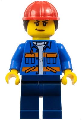 Construction Worker - Female, Blue Jacket with Diagonal Lower Pockets and Orange Stripes, Dark Blue Legs, Red Construction Helmet with Dark Brown Ponytail Hair