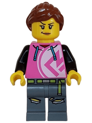 Kick Scooter Driver - Female, Dark Pink Hoodie, Dark Bluish Gray Legs