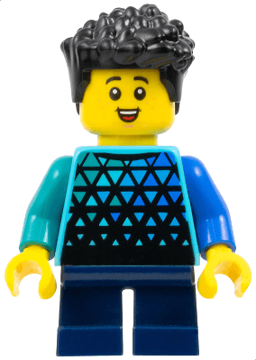 Child - Boy, Medium Azure Top with Triangles, Dark Blue Short Legs, Black Hair