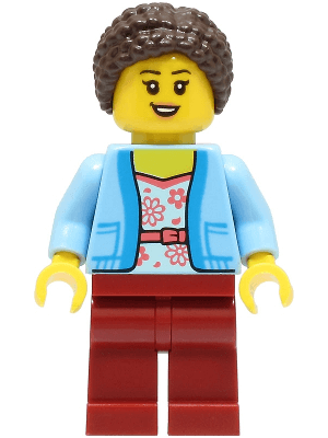 Mom - Bright Light Blue Jacket over White Shirt with Coral Flowers, Dark Red Legs, Dark Brown Hair Braided with Knot Bun
