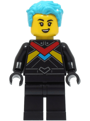 Race Boat Driver - Female, Black Racing Suit with Red, Dark Azure and Bright Light Orange Stripes, Medium Azure Hair