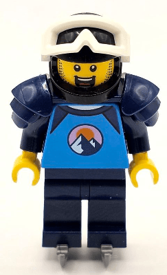 Ice Hockey Player - Male, Dark Azure and Dark Blue Shirt with Mountains, Dark Blue Legs and Shoulder Pads, Black Helmet, White Goggles, Ice Skates