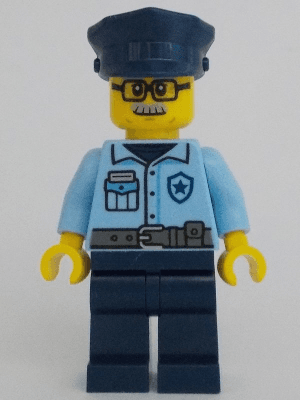 Police - City Officer Male, Bright Light Blue Uniform with Dark Bluish Gray Belt, Dark Blue Legs, Dark Blue Police Hat, Glasses, Moustache