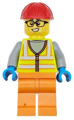 Construction Worker - Male, Neon Yellow Safety Vest with Reflective Stripes, Orange Legs, Red Construction Helmet, Black Glasses