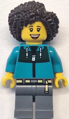 Bus Passenger - Female, Dark Turquoise Jacket with Dark Green Panel, Dark Bluish Gray Legs, Dark Brown Hair