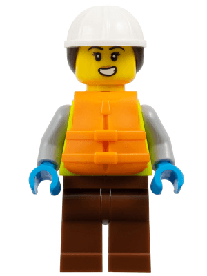 Dock Worker - Female, Neon Yellow Safety Vest with Reflective Stripes, Reddish Brown Legs, White Construction Helmet with Dark Brown Ponytail Hair, Orange Life Jacket