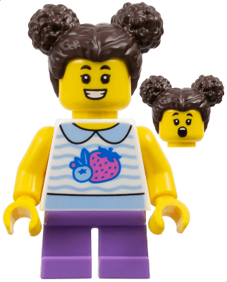 Child - Girl, White Collared Shirt with Fruit, Medium Lavender Short Legs, Dark Brown Hair with Buns