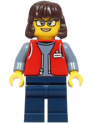 Forklift Driver - Female, Red Vest over Sand Blue Shirt, Dark Blue Legs, Dark Brown Hair