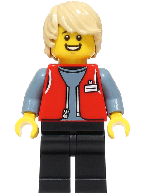 Forklift Driver - Male, Red Vest over Sand Blue Shirt, Black Legs, Tan Hair