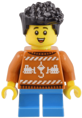 Child - Boy, Dark Orange Holiday Sweater, Dark Azure Short Legs, Black Hair