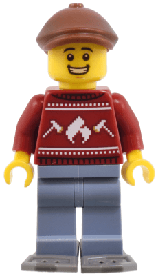 Man - Dark Red Holiday Sweater, Sand Blue Legs, Reddish Brown Flat Cap, Dark Bluish Gray Snowshoes