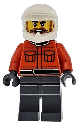 Formula 1 Pit Crew Member - Male, Reddish Orange Racing Suit with Pockets, Dark Bluish Gray Legs, White Dirt Bike Helmet, Beard and Moustache