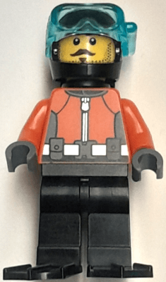 Diver - Male, Reddish Orange Wetsuit, Black Legs, Helmet, Air Tanks and Flippers, Trans-Light Blue Visor, Dark Brown Stubble