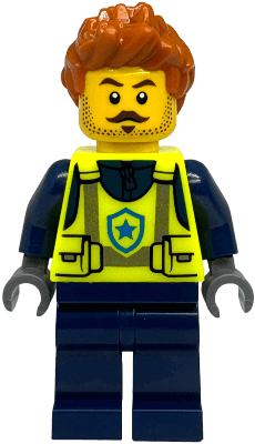 Police - City Officer Male, Neon Yellow Safety Vest, Dark Blue Legs, Dark Orange Spiked Hair