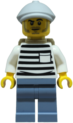 Police - City Jail Prisoner Male, White Shirt with Pocket and Black Stripes, Sand Blue Legs, Light Bluish Gray Flat Cap, Dark Tan Backpack