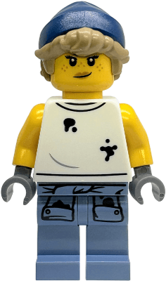 Tow Truck Operator - Female, White Sleeveless Shirt with Oil Stains, Sand Blue Legs with Shirt Sleeves with Oil Stains, Dark Blue Beanie, Dark Tan Hair