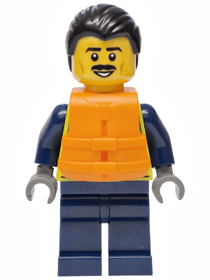 Police - City Officer Male, Neon Yellow Safety Vest, Dark Blue Legs, Black Combed Back Hair, Orange Life Jacket, Moustache