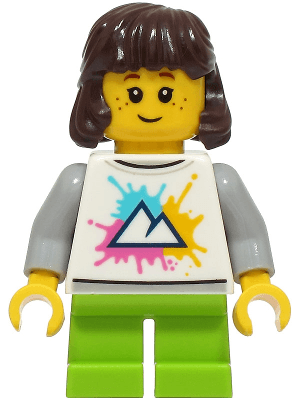 Child - Girl, White Shirt with Mountains Logo, Lime Short Legs, Dark Brown Hair