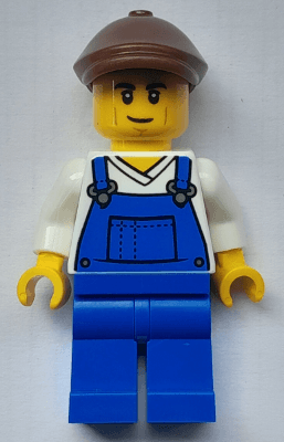 Farmer - Male, Blue Overalls over V-Neck Shirt, Blue Legs, Reddish Brown Flat Cap