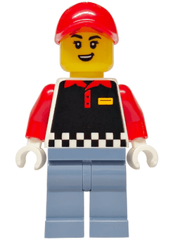 Fries Food Truck Vendor - Female, Black Vest, Sand Blue Legs, Red Cap