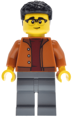 EV Supercar Driver - Male, Dark Orange Jacket, Dark Bluish Gray Legs, Black Coiled Hair