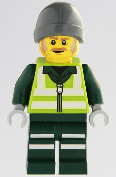Recycling Worker - Male, Lime Safety Jacket with Reflective Stripes, Dark Green Legs with Reflective Stripes, Dark Bluish Gray Beanie