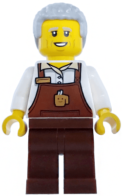 Barista - Male, Reddish Brown Apron with Cup and Name Tag, Reddish Brown Legs, Light Bluish Gray Hair Coiled