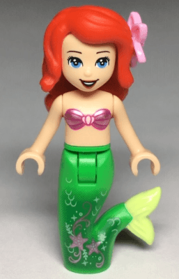 Ariel, Mermaid (Light Nougat) - Metallic Pink Shell Bra Top, Bright Green Tail with Stars and Scales, Medium Blue Eyes, Bright Pink Flower