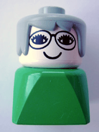 LEGO Duplo 2 x 2 x 2 Figure Brick Early Female on Green Base Gray Hair Glasses (Grandmother) (dupfig006) Duplo Minifigure