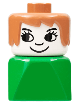 LEGO Duplo 2 x 2 x 2 Figure Brick Early Female on Green Base Fabuland Brown Hair Eyelashes Nose (dupfig008) minifigure