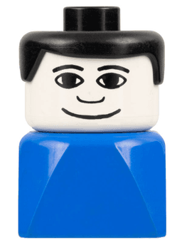 Duplo 2 x 2 x 2 Figure Brick Early, Male on Blue Base, Black Hair, Wide Smile
