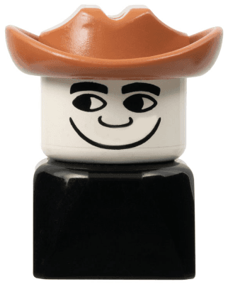 LEGO Duplo 2 x 2 x 2 Figure Brick Early Male on Black Base Fabuland Brown Western Hat Looking R (dupfig014r) Duplo Minifigure