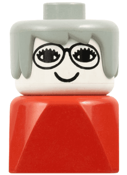 LEGO Duplo 2 x 2 x 2 Figure Brick Early Female on Red Base Gray Hair Glasses (Grandmother) (dupfig024) minifigure