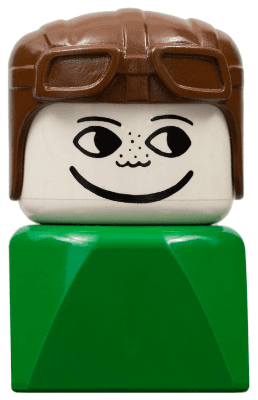 Duplo 2 x 2 x 2 Figure Brick Early, Male on Green Base, Brown Aviator Hat