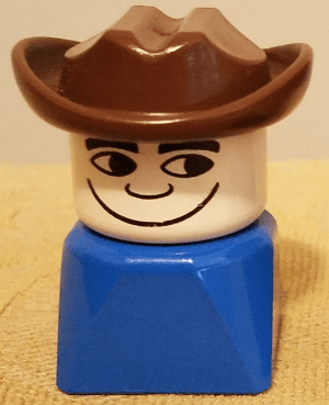 LEGO Duplo 2 x 2 x 2 Figure Brick Early Male on Blue Base Fabuland Brown Western Hat (dupfig026) Duplo Minifigure