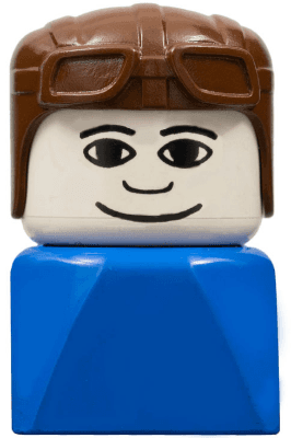 Duplo 2 x 2 x 2 Figure Brick Early, Male on Blue Base, Brown Aviator Hat