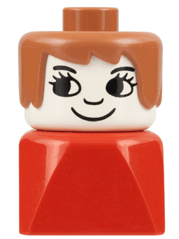 LEGO Duplo 2 x 2 x 2 Figure Brick Early Female on Red Base Fabuland Brown Hair Eyelashes Nose (dupfig030) minifigure