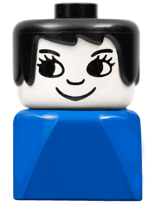 LEGO Duplo 2 x 2 x 2 Figure Brick Early Female on Blue Base Black Hair Eyelashes Nose (dupfig031) Duplo Minifigure
