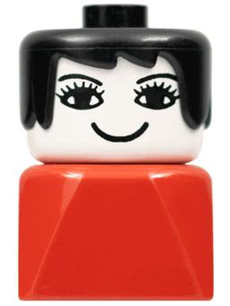 LEGO Duplo 2 x 2 x 2 Figure Brick Early Female on Red Base Black Hair Eyelashes Nose (dupfig034) minifigure