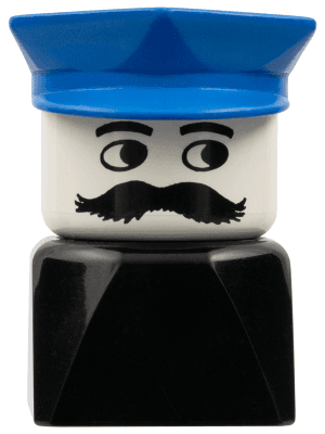 Duplo 2 x 2 x 2 Figure Brick Early, Male on Black Base, Blue Police Hat, Moustache