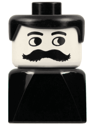 Duplo 2 x 2 x 2 Figure Brick Early, Male on Black Base, Black Hair, Moustache
