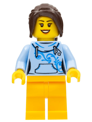 Female with Long Dark Brown Hair, Bright Light Blue Hoodie, and Bright Light Orange Legs