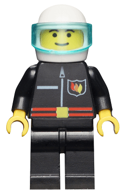 Fire - Flame Badge and Straight Line, Black Legs, White Helmet, Trans-Light Blue Visor