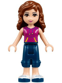 Friends Olivia (Light Nougat) - Dark Blue Cropped Trousers, Magenta Top with Yellow and Dark Purple Stripes