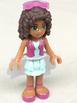 Friends Andrea - Light Aqua Layered Skirt, Magenta Vest Top, White Sequined Cloth Skirt, Sunglasses