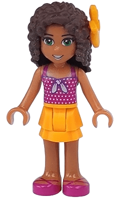 Friends Andrea - Bright Light Orange Layered Skirt, Magenta Top with White Polka Dots and Bow, Bright Light Orange Flower