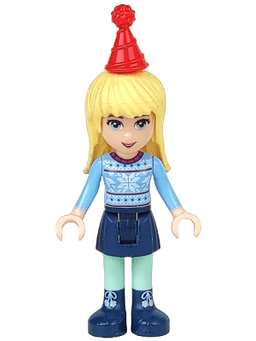 Friends Stephanie - Dark Blue Skirt, Bright Light Blue Fair Isle Sweater with Snowflakes Pattern, Red Christmas Hat