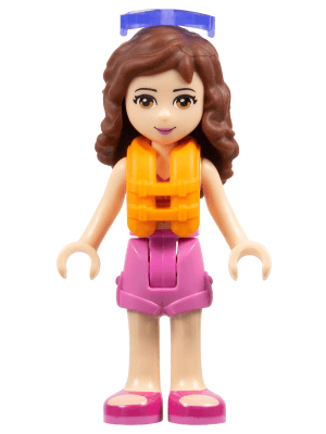 Friends Olivia (Light Nougat) - Dark Pink Shorts, Dark Pink and White Swimsuit Top, Life Jacket, Sunglasses